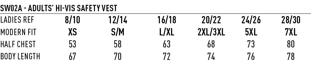 Winning Spirit AIW HiVis 120gsm Vest size chart