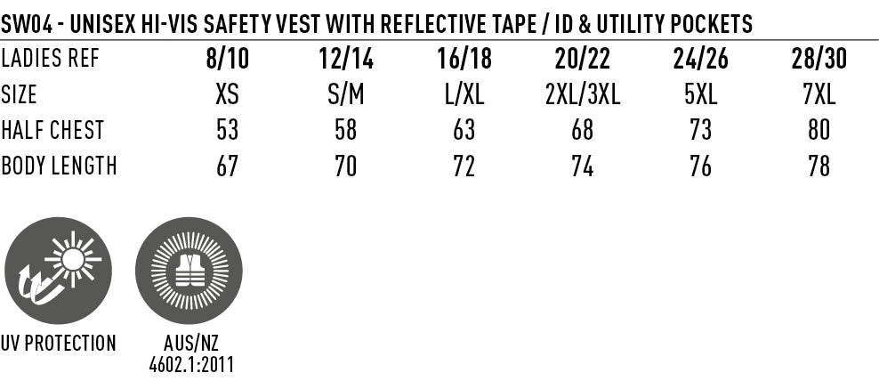 Safety Vest with ID & Utility Pockets size chart