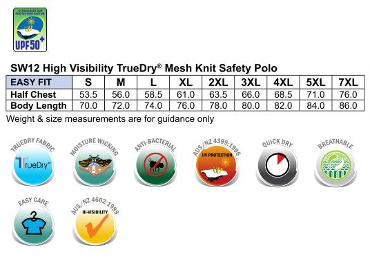 HiVis TrueDry Safety Polo size chart