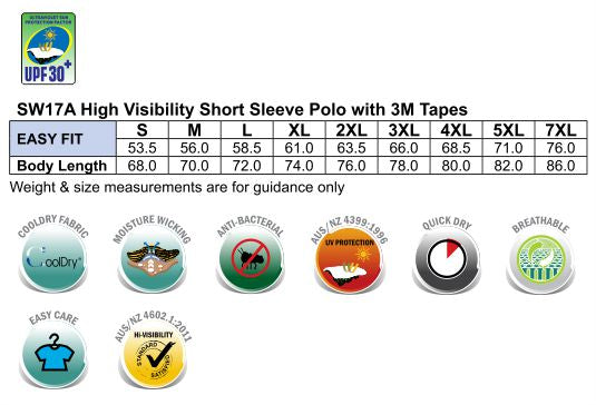 HiVis Polo with 3M Tape size chart