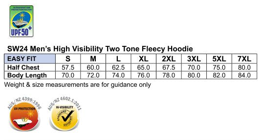 Hi-Vis Fleecy Safety Hoodie size chart