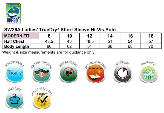 HiVis Ladies Legend Polo size chart