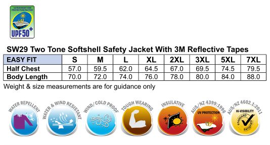 HiVis Softshell Jacket With 3M Tape size chart