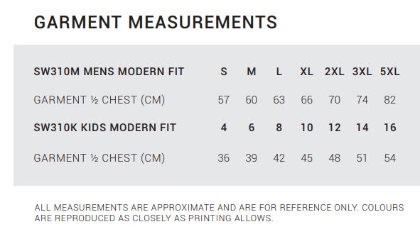 Kids San Remo Zip Hoodie size chart