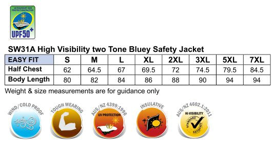 HiVis Bluey Jacket size chart