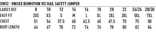 HiVis Segmented Tape Zip Fleece size chart