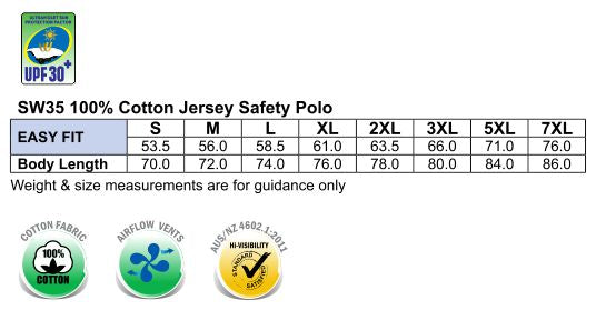 HiViz Cotton Jersey SS Polo size chart
