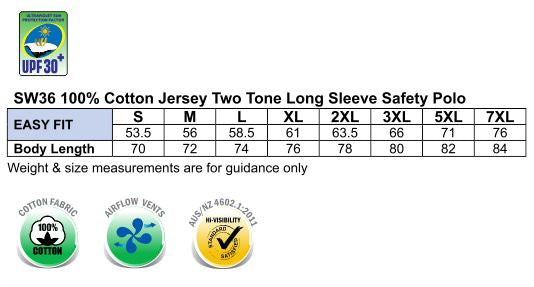 HiViz Cotton Jersey LS Polo size chart