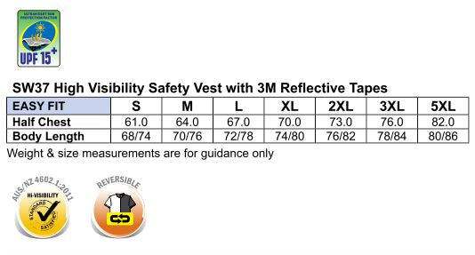 AIW HiVis Reversible Safety Vest size chart