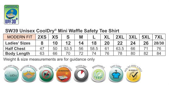 HiVis Mini Waffle Unisex Tee size chart