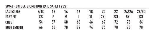 AIW VIC Rail HiVis Safety Vest size chart