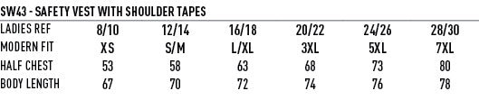 AIW Safety Vest with Shoulder Tapes size chart