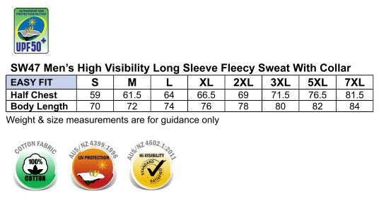 Winning Spirit AIW HiVis Cotton Fleecy Jumper size chart
