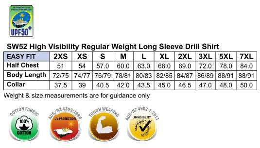 Regular Weight Taped LS Drill Shirt size chart