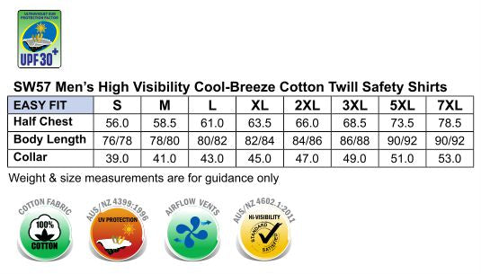 AIW HiVis Cool-Breeze SS Cotton Work Shirt size chart