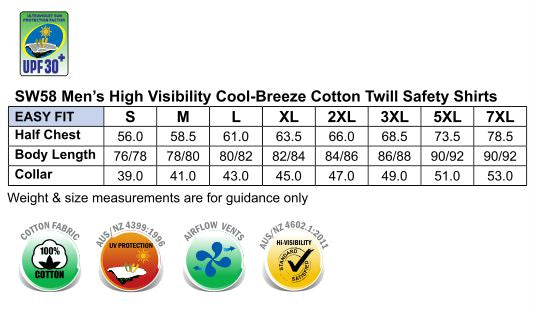 AIW HiVis Cool-Breeze LS Cotton Work Shirt size chart