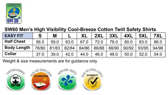 AIW Cool-Breeze LS Safety Shirts size chart