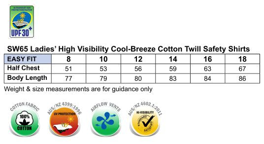 AIW Ladies HiVis Taped Cool-Breeze Twill Shirt size chart