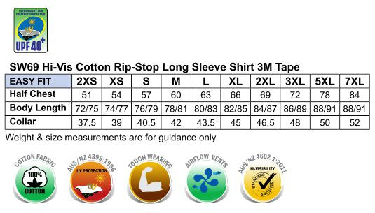 AIW HiVis Rip-Stop LS Shirt 3M Tape size chart