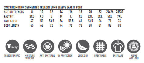 Truedry Biomotion Segmented SS Safety Polo size chart