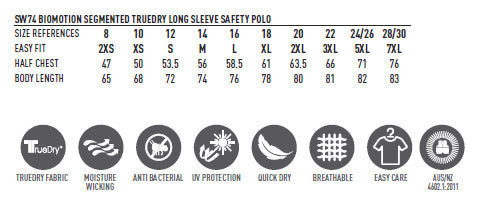 Truedry Biomotion Segmented LS Safety Polo size chart
