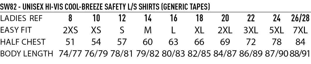 AIW Unisex HiVis Cool Breeze LS Shirt size chart