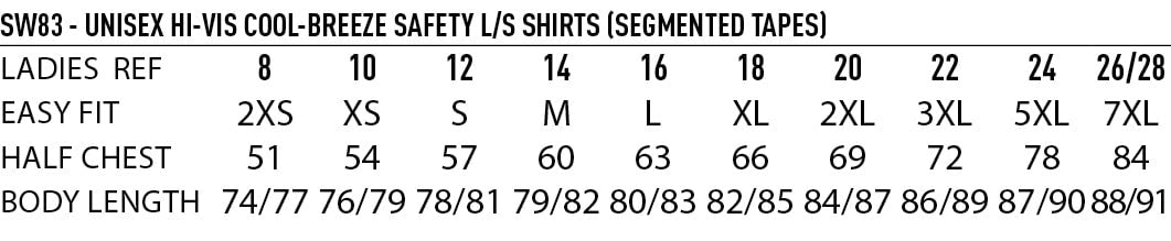 HiVis LS Segmented Tape Safety Shirt size chart