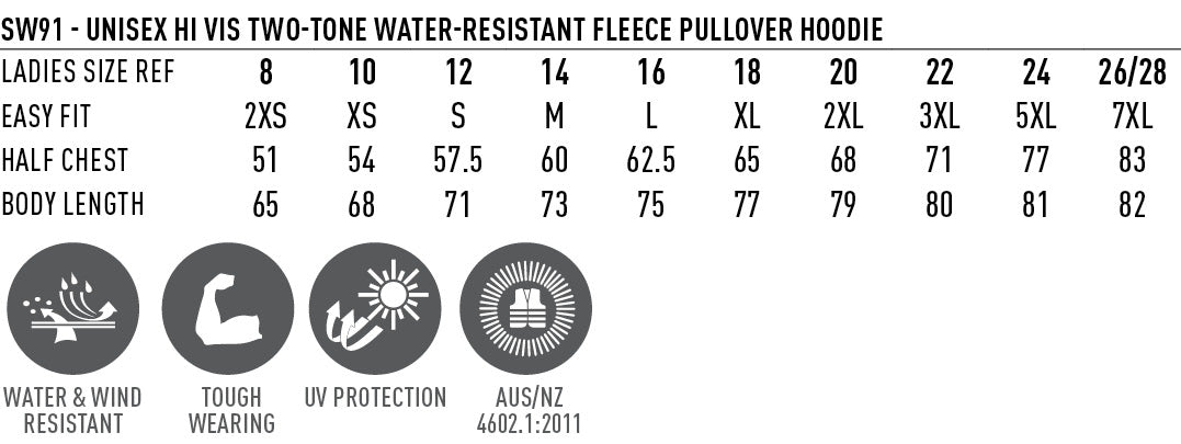 HiVis Water Resistant Fleece Hoodie size chart