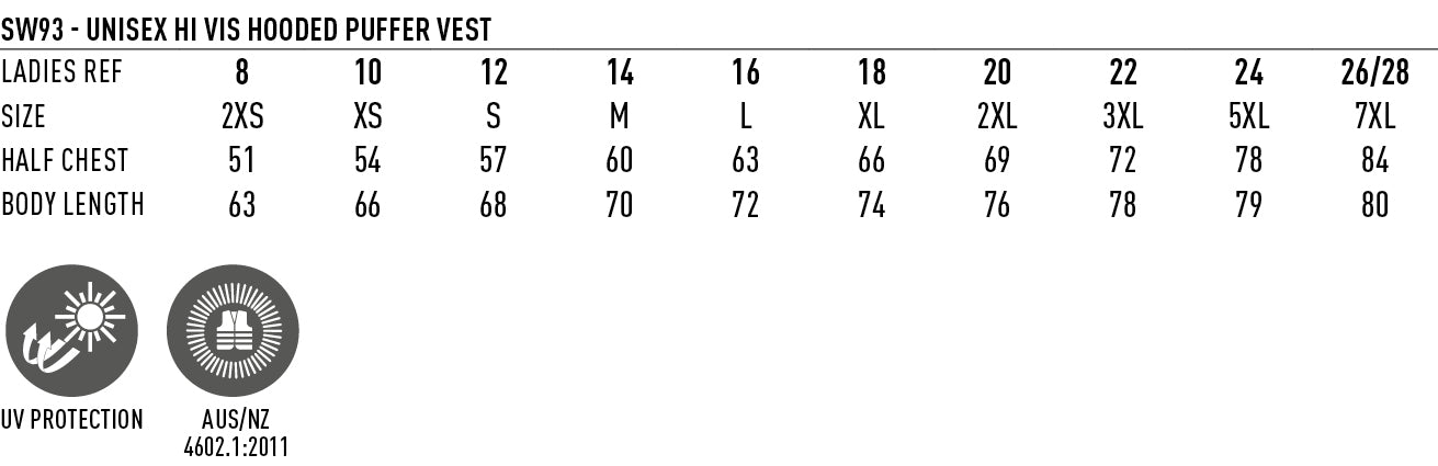 HiVis Hooded Puffer Vest size chart