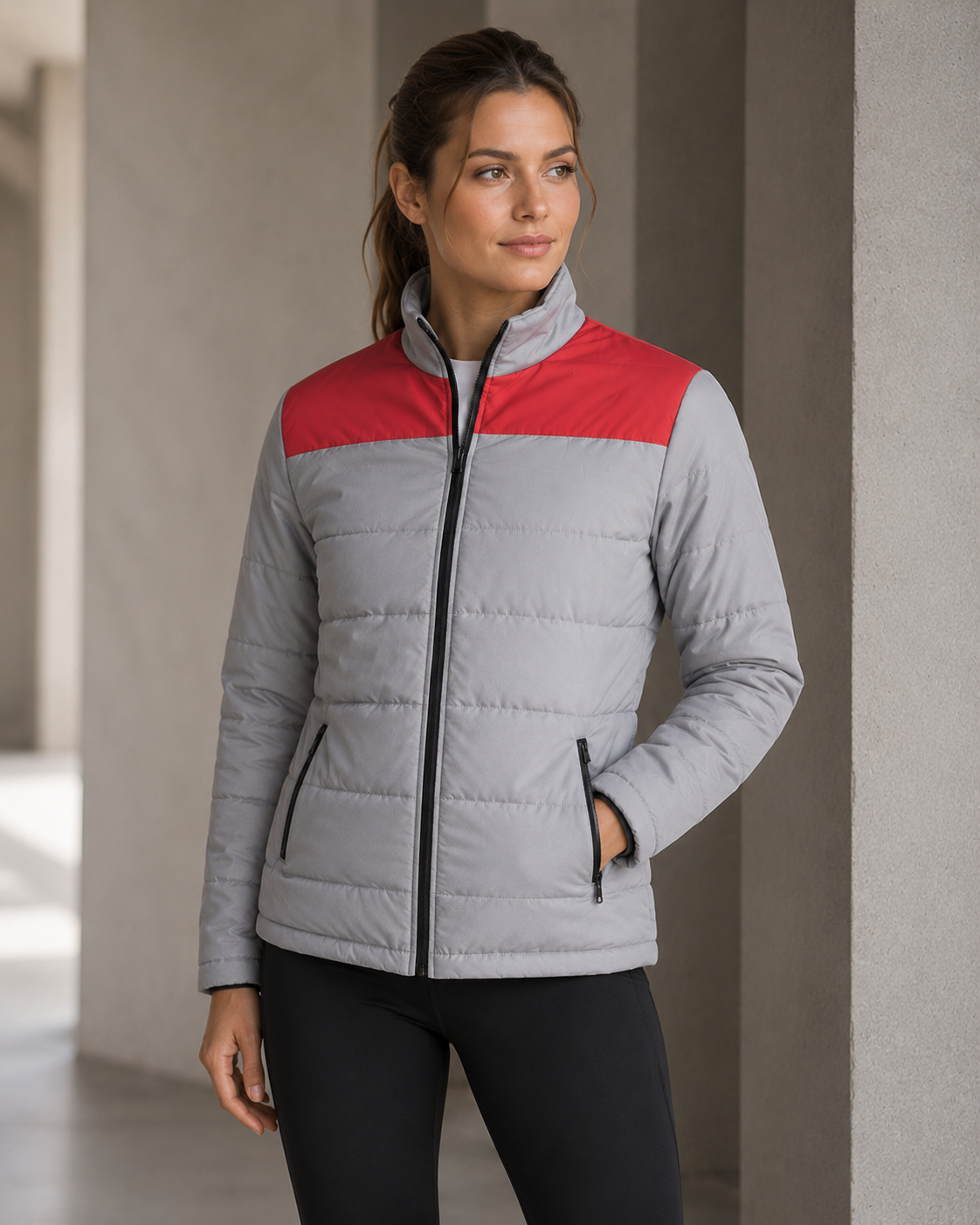 A woman wearing a light gray puffer jacket with a contrasting red yoke across the chest, standing in a modern concrete corridor.
