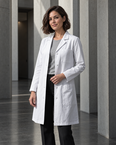 A woman wearing a white long lab coat over a gray top and black pants, standing in a modern concrete corridor.