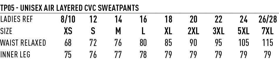 Airlayed CVC Sweat Pants size chart