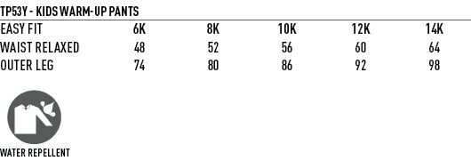 Kids Legend Warm Up Pants size chart