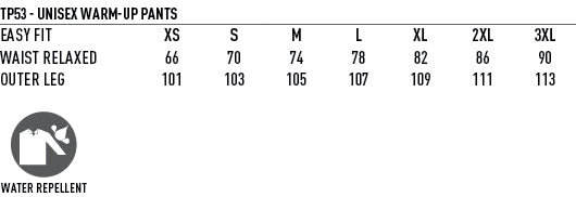 Unisex Legend Warm Up Pants size chart