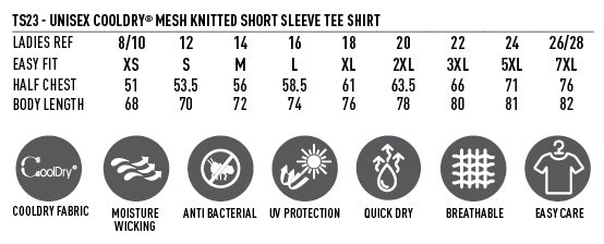 CoolDry T-Shirt size chart