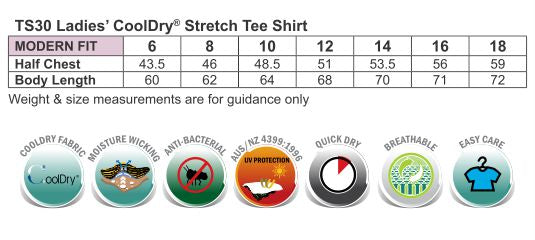 Ladies Rotator Sports Tee size chart
