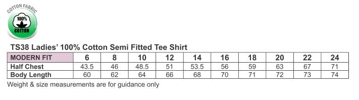 Ladies Savvy Tee size chart