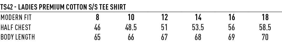 Ladies Premium Brighton Tee size chart