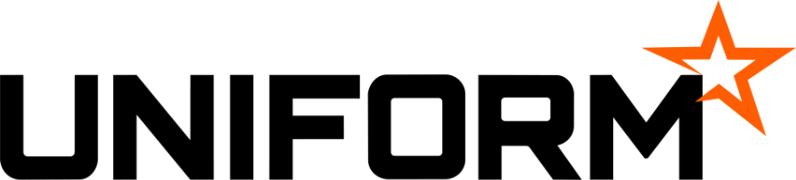 The word 'UNIFORM' in bold black uppercase letters with an orange star graphic overlapping the letter M, set against a solid black background. New Zealand. Canada. Australia. America. United Kingdom. United States