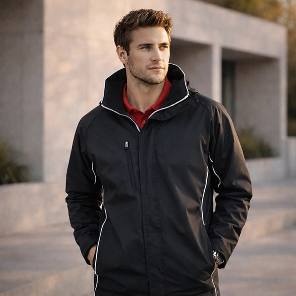 Person wearing unisex waterproof jacket in Australia for workwear uniforms and outdoor protection