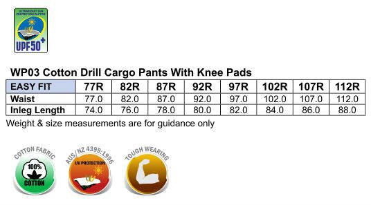 Cargo Pants With Knee Pads size chart
