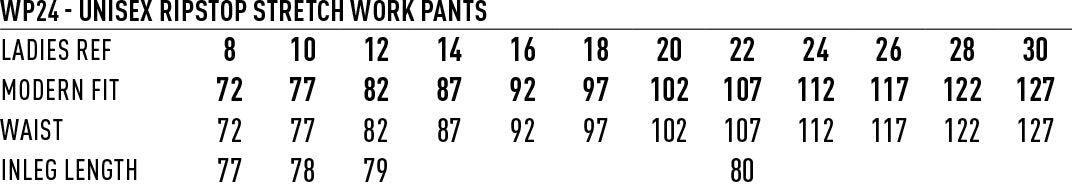 Ripstop Stretch Work Pants with Reinforced Pockets | Durable Workwear Australia size chart