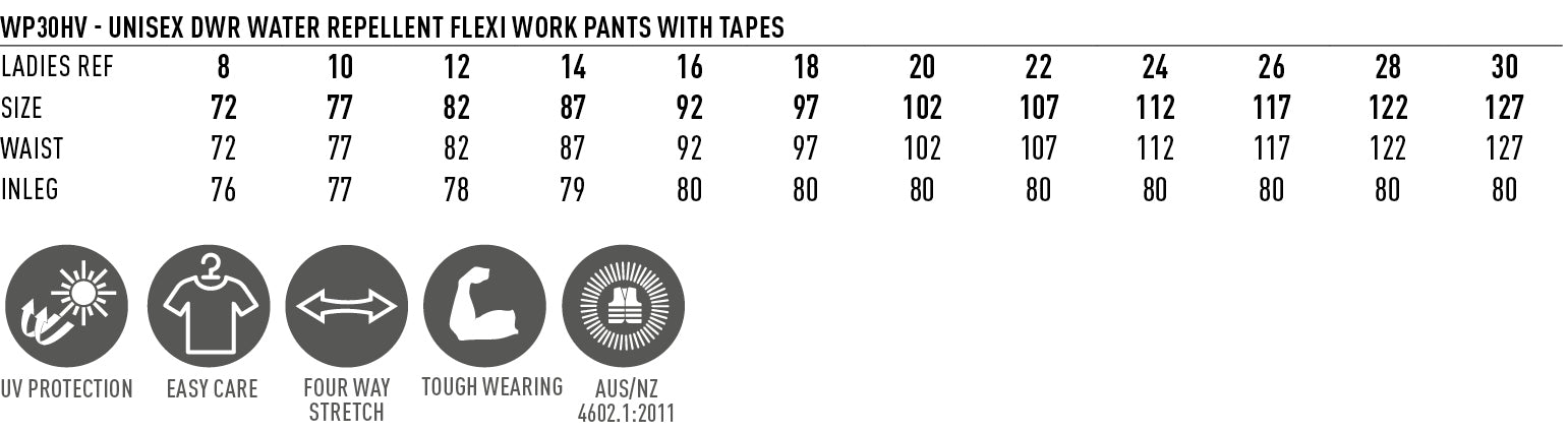 DWR Water Repellent Flexi Pants size chart