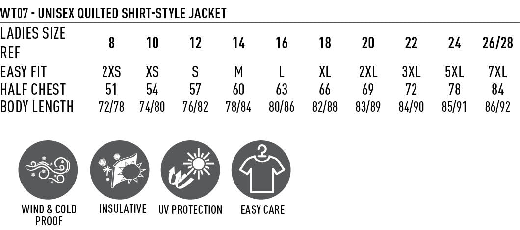 Quilted Flannel Jacket Style Shirt size chart