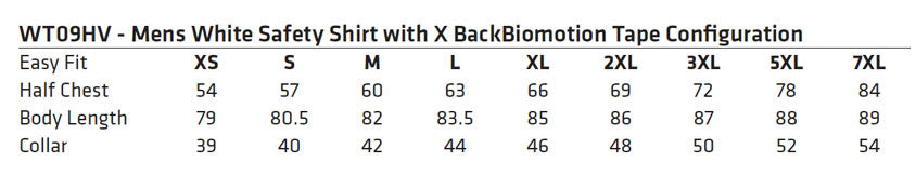 White Safety Shirt with X Back Biomotion Tape Configuration size chart