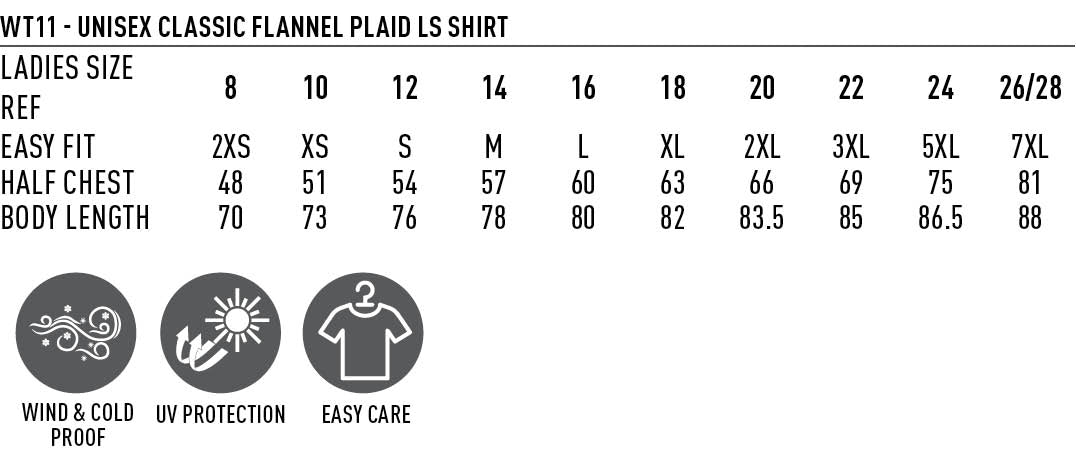Unisex Flannel Plaid LS Shirt size chart