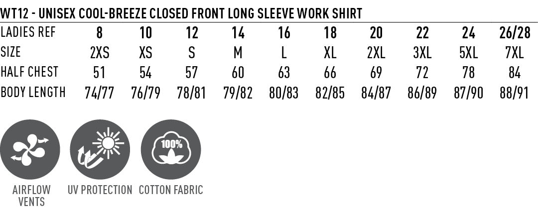 PLANETT Cool Breeze Closed Front Shirt size chart