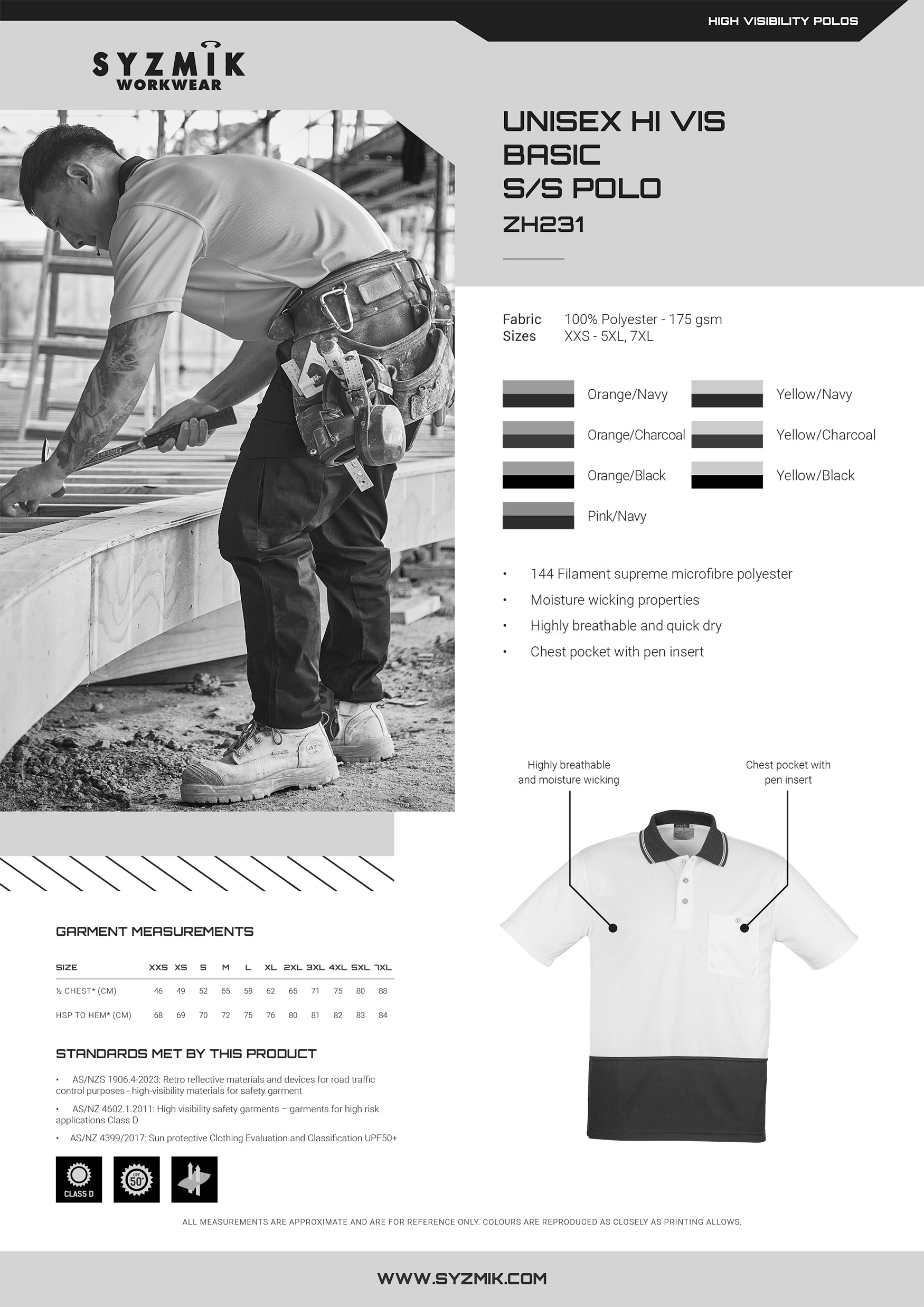 Syzmic Safety Splice SS Polo size chart