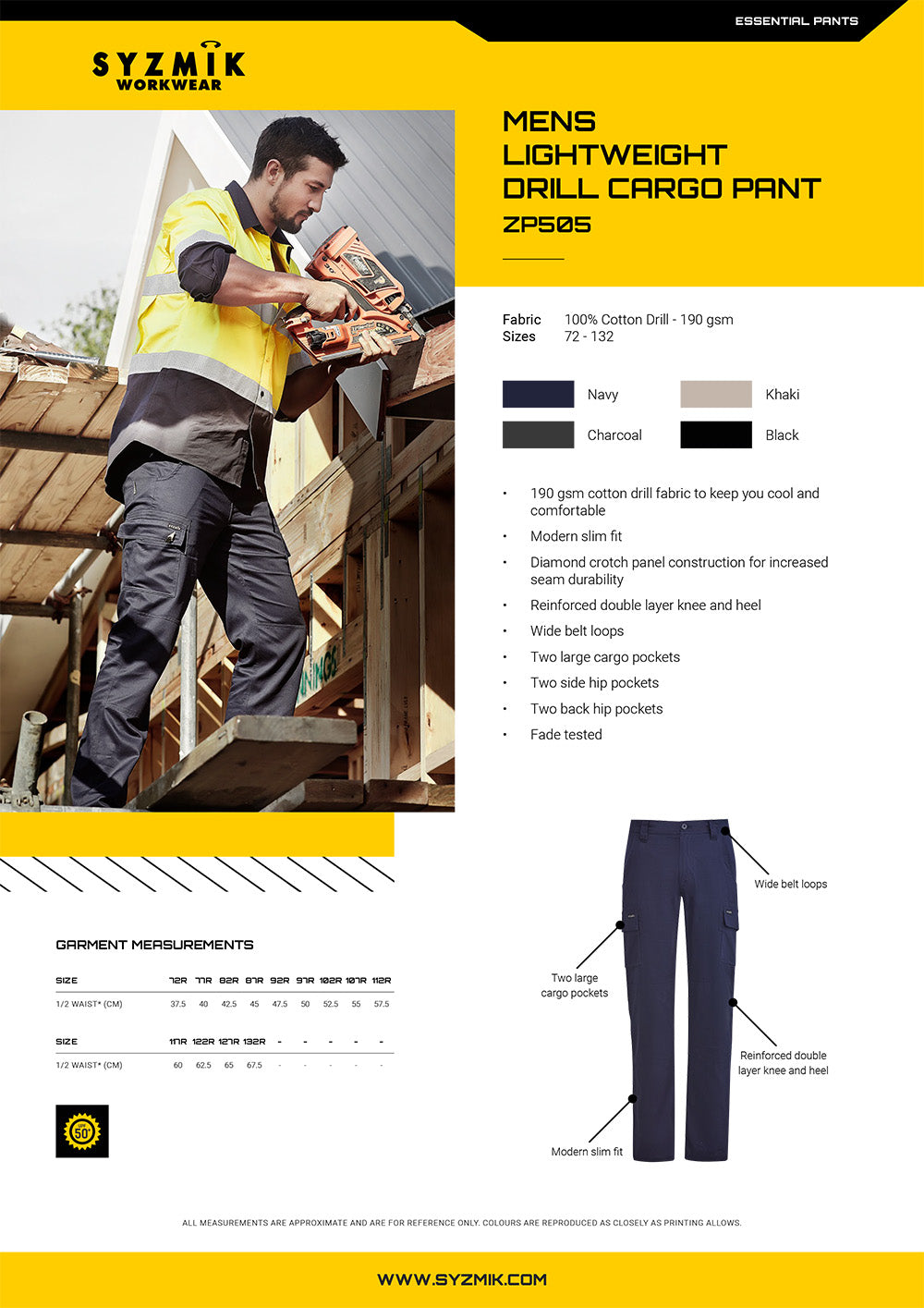 Syzmik Light Weight Cargo Drill Pant size chart