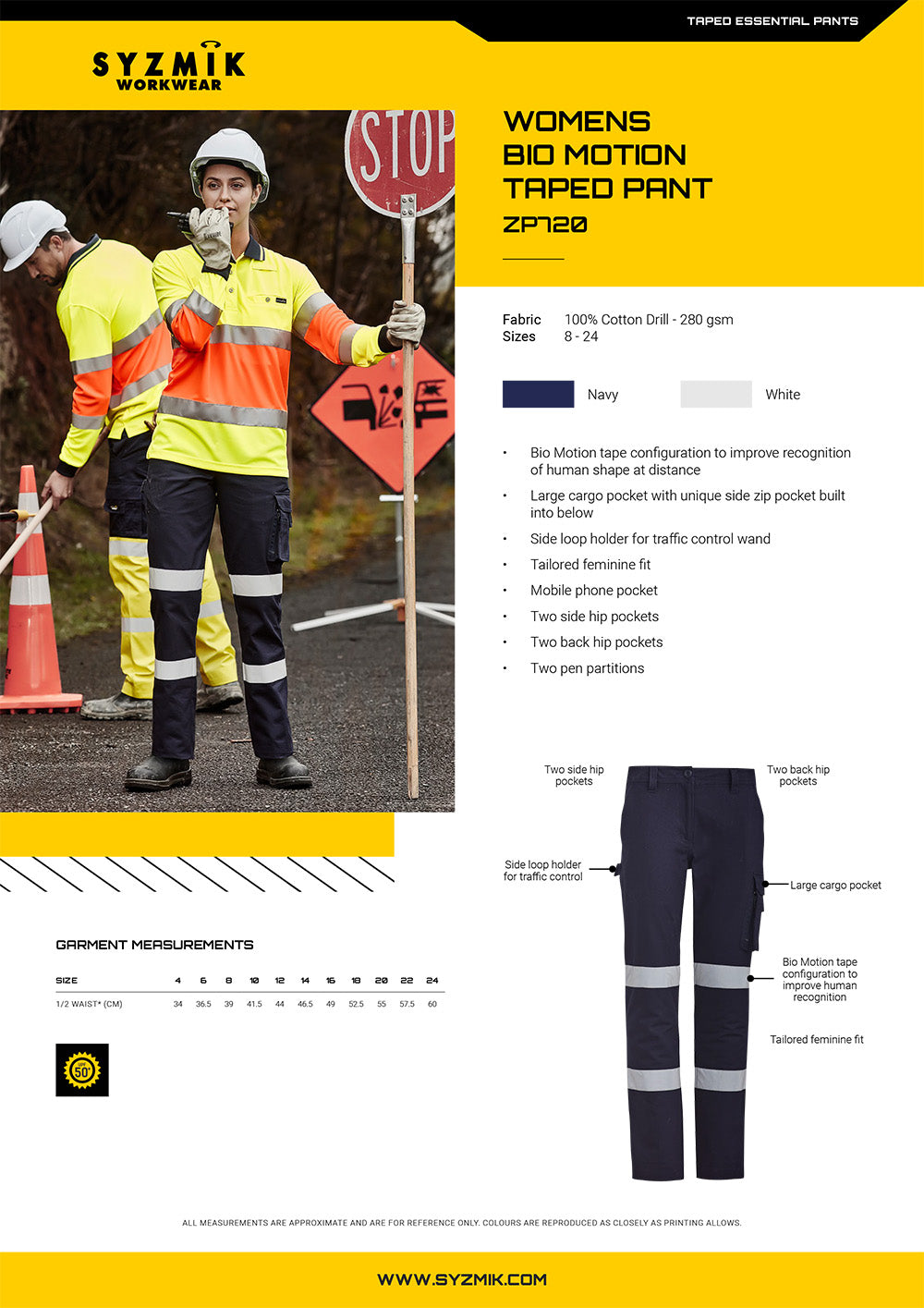 Syzmik Ladies BIO Motion Taped Pant size chart